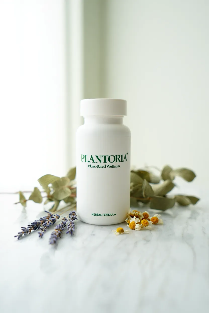 Plantoria plant-based supplement bottle with natural herbal ingredients